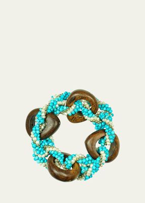 14K Yellow Gold Link Bracelet with Wood, Turquoise and Pearls