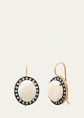 14k Yellow Gold Oval Opal and White Diamond Black Rhodium Earrings