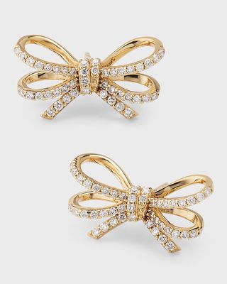 14K Yellow Gold Pave Diamond Double Bow Stud Earrings