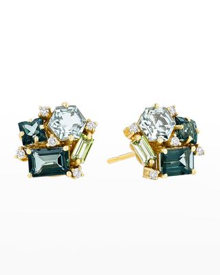 14K Yellow Gold Post Earrings in Green Mix