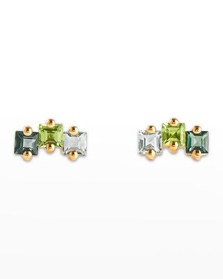 14K Yellow Gold Princess-Cut Earrings in Green Mix