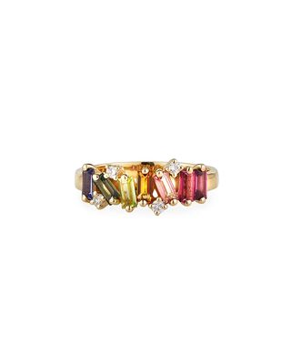 14K Yellow Gold Rainbow Ring w/ Diamonds, Size 6
