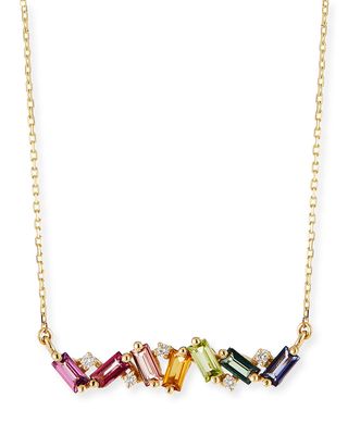 14K Yellow Gold Rainbow Zigzag Bar Necklace with Diamonds