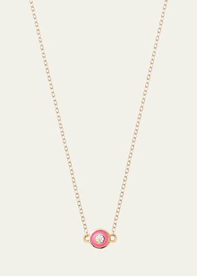 14K Yellow Gold Single Bezel Necklace with White Diamond and Pink Enamel