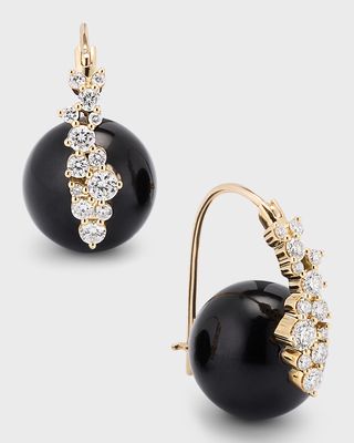 14K Yellow Gold Smooth Round Onyx Cocktail Earrings with Diamonds