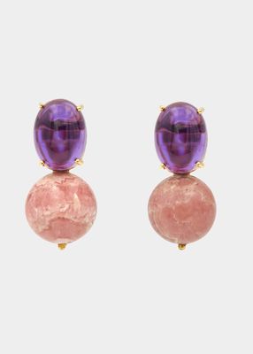 14K Yellow Gold Stud Earrings with Amethyst and Rhodochrosite