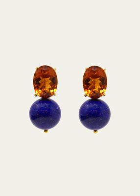14K Yellow Gold Stud Earrings with Lapis Lazuli and Citrine Quartz