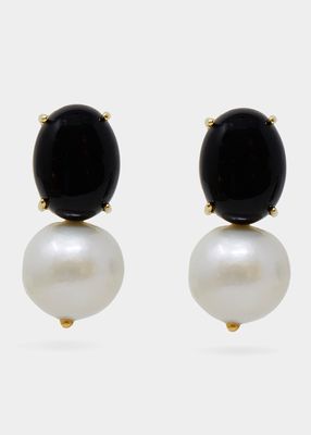 14K Yellow Gold Stud Earrings with Onyx and Freshwater Pearls
