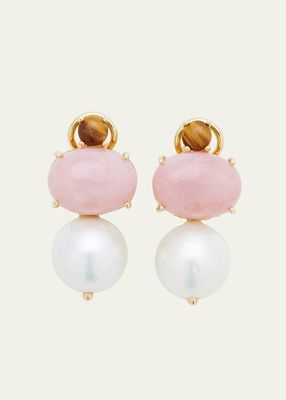 14K Yellow Gold Stud Earrings with Rhodonite, Tiger Eye and Freshwater Pearls