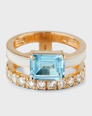 14K Yellow Gold White Enamel and Blue Topaz Double Band Ring, Size 7
