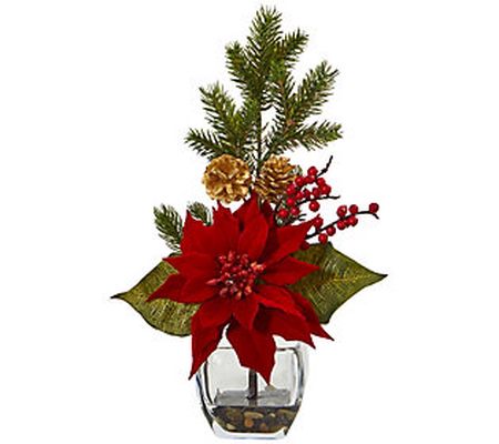 16" Poinsettia, Berry, Pine Arrangement by Near ly Natural