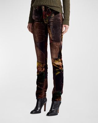 160 Slim-Leg Patchwork Velvet Jeans