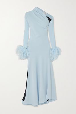 16ARLINGTON - Adelaide One-shoulder Feather-trimmed Crepe Midi Dress - Blue