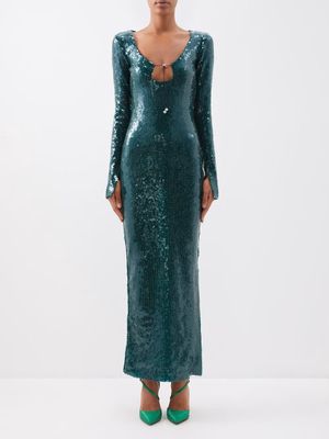 16arlington - Solaria Keyhole-neck Sequinned-tulle Maxi Dress - Womens - Green