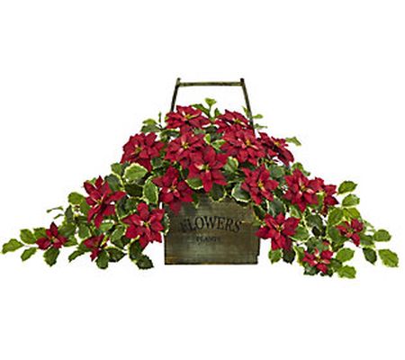 18" Poinsettia and Variegated Holly in Vintage Basket