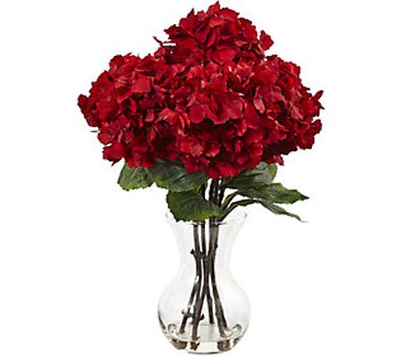 18" Red Hydrangea Silk Arrangement w/ Vase by N early Natural