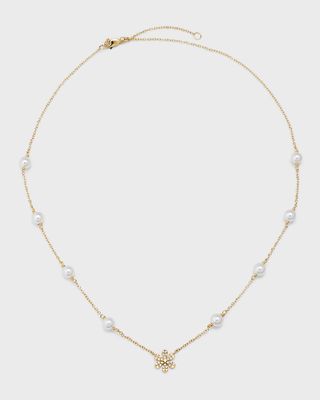 18K Akoya Pearl and Pave Diamond Flower Tin Cup Necklace