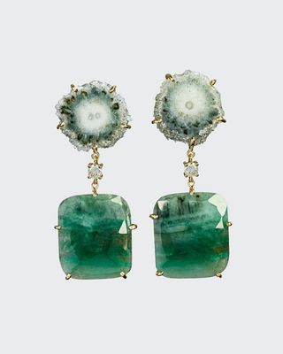 18k Bespoke 2-Tier One-of-a-Kind Luxury Earrings w/ Green Stalactite, Faceted Emeralds & Diamonds