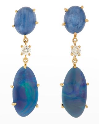 18k Bespoke 2-Tier One-of-a-Kind Luxury Earrings w/ Kyanite, Fire Opal Triplet & Diamonds
