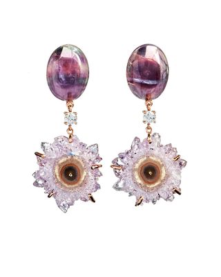18k Bespoke 2-Tier One-of-a-Kind Luxury Earrings w/ Purple Fluorite, Purple Stalactite & Diamonds
