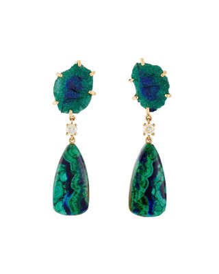 18k Bespoke 2-Tier One-of-a-Kind Luxury Earrings w/ Raw Malachite, Azurite Geode & Azurite Malachite