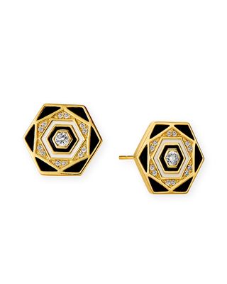 18k Black and White Enamel Hexagon Earrings with Diamonds