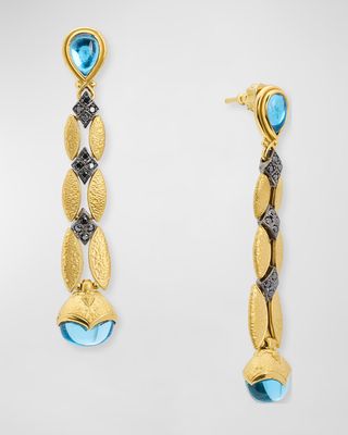 18K Black Diamond Swiss Blue Topaz Drop Earrings