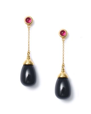 18k Black Onyx Drop Chain Earrings with Rubellite