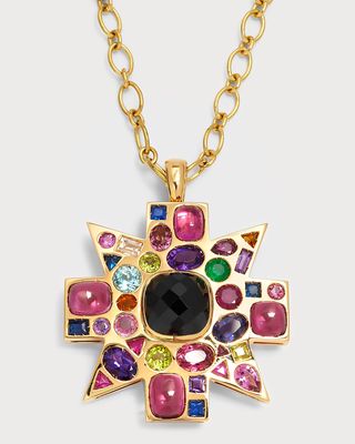 18K Black Spinel, Rubellite and Colored Stone Byzantine Pendant-Brooch Necklace