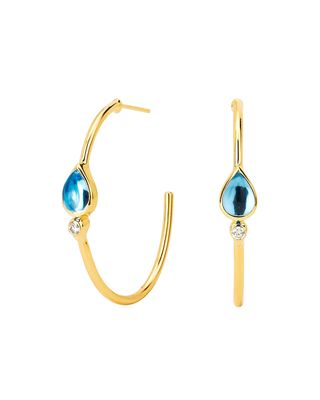 18k Blue Topaz Pear Hoop Earrings with Diamonds