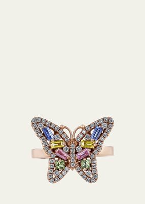 18K Bold Pastel Sapphire Butterfly Ring with Diamonds, Size 6