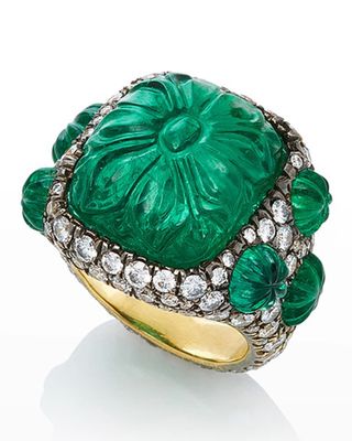 18k Carved Emerald and Diamond Ring, Size 5