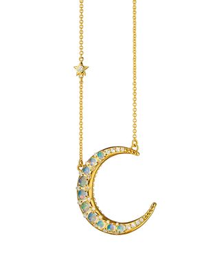 18K Crystal Opal & Diamond Crescent Moon Necklace