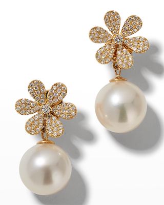 18k Diamond-Daisy Pearl-Drop Earrings