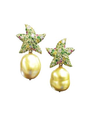 18k Diamond Starfish Pearl-Drop Earrings