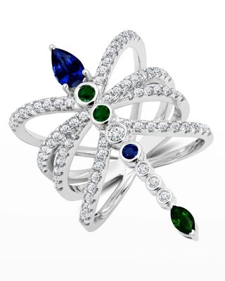 18k Dragonfly Diamond, Blue Sapphire and Emerald Multi-Row Ring, Size 7
