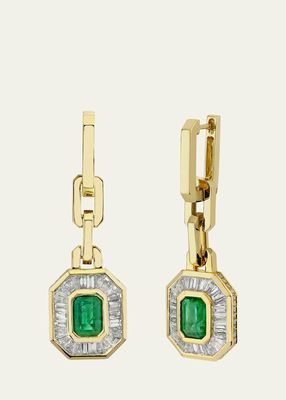 18K Emerald and Diamond Halo Mini Deco Drop Earrings