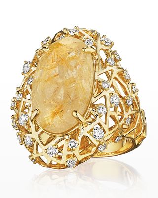 18K Estelar Yellow Gold Ring with VS/GH Diamonds and Rutilated Quartz