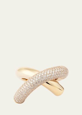 18K Gold Cross Loop Half Pavé Ring with Diamonds, Size 8.5