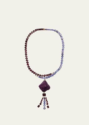 18K Gold Hand-Carved Phosphosiderite, Tanzanite, And Pink Tourmaline Necklace