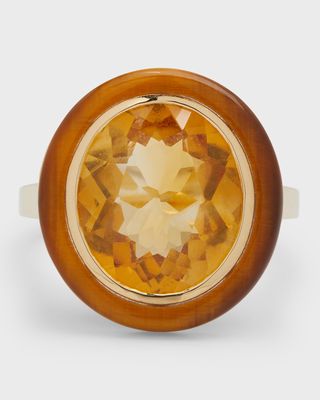 18K Gold Oval Citrine Ring with Tiger's Eye, Size 6.5