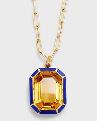 18k Gold Paperclip Chain Necklace with Emerald-Cut Citrine Pendant