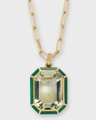 18k Gold Paperclip Chain Necklace with Emerald-Cut Prasiolite Pendant