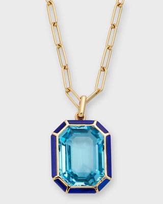 18k Gold Paperclip Chain Necklace with Emerald-Cut Topaz & Lapis Pendant