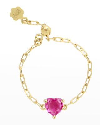 18K Gold Pink Sapphire Heart Adjustable Chain Ring