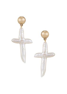 18K Gold-Plated & Freshwater Pearl Cross Drop Earrings