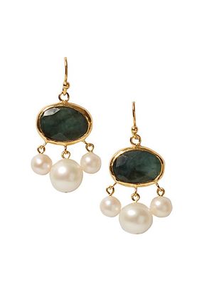18K Gold-Plated, Emerald & Freshwater Pearl Drop Earrings