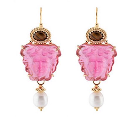 18K Gold Plated Sterling Venetian Cameo Pink M edusa Earrings