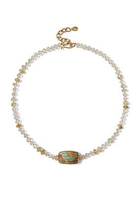 18K Gold-Plated, Turquoise & Multi-Quartz Bead Necklace