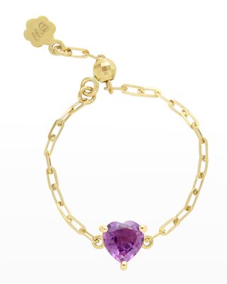 18K Gold Purple Sapphire Heart Adjustable Chain Ring